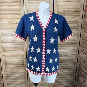 The Quacker Factory Sweater Red White Blue Short Sleeve Button Down Size Large
